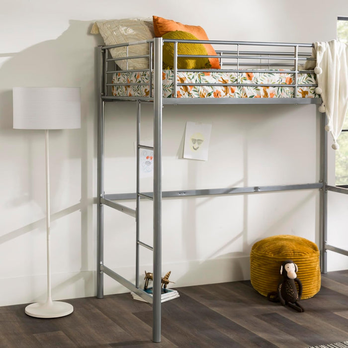 Silver Metal Twin over Loft Bunk Bed Twin Size Bedframe with Ladder
