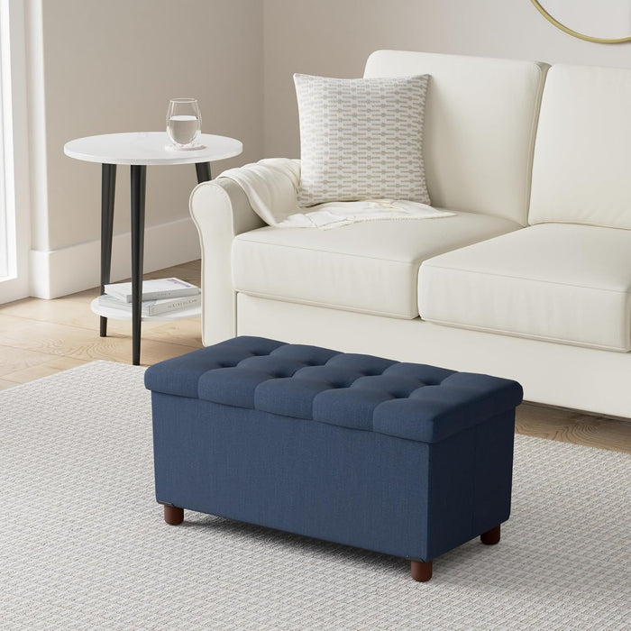 30 Inches Storage Ottoman Bench, Storage Bench with Wooden Legs for Living Room Folding Ottoman Foot Rest Removeable Lid for Bedroom End of Bed, Linen Fabric Blue