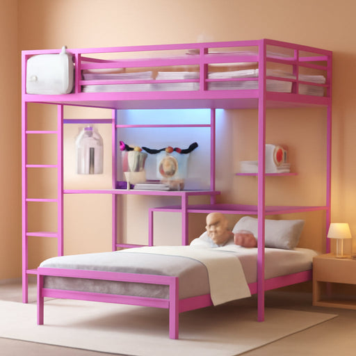 Bunk Bed Twin over Twin with Desk and Storage Metal L-Shaped Bunk Beds with Led Lights & Charging Station,Pink Bunk Beds for Kids with Safety Guardrail and Ladder,Girls Bed,No Box Spring Needed