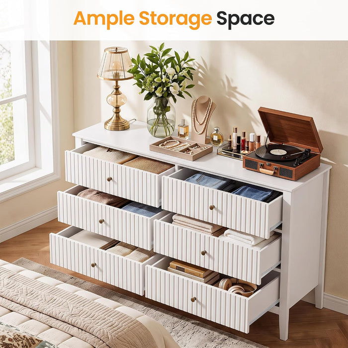 White 6 Drawer Dresser for Bedroom, Fluted Painted Wood Chest of Drawers, Modern TV Stand Storage Cabinet for Living Room, Entryway, 47" W X 16" D X 32" H