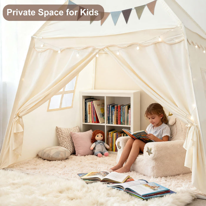 Large Kids Play Tent Indoor with Padded Mat Lights - 59X39X59In Teepee Playhouse with Flags Storage Bag - Cozy Reading Nook Nap Bed Tent - Birthday Gift for Toddlers Boys Girls