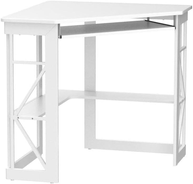 Corner Desk Computer Desk Writing Table with Smooth Keyboard Tray & Storage Shelves,Compact Home Office Triangle Table,White