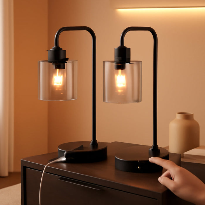 Industrial Touch Bedroom Lamps for Bedrooms Set of 2-3-Way Dimmable Table Lamps with USB C+A Ports and Outlet, Bedside Lamps with Gray Glass Shade for Living Room, Desk Lamps for Home Office