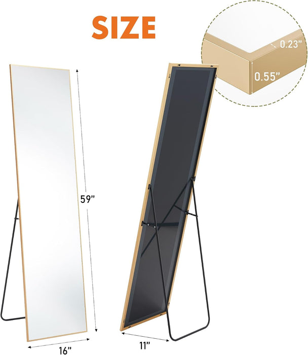 Gold Full Length Mirror 59"X16.5" Full Body Floor Mirror for Bedroom or Cloakroom, Can Stand Alone, Hang or Lean against Wall, Tall Wall Mirrors with Stand and Sleek Aluminum Alloy Thin Frame