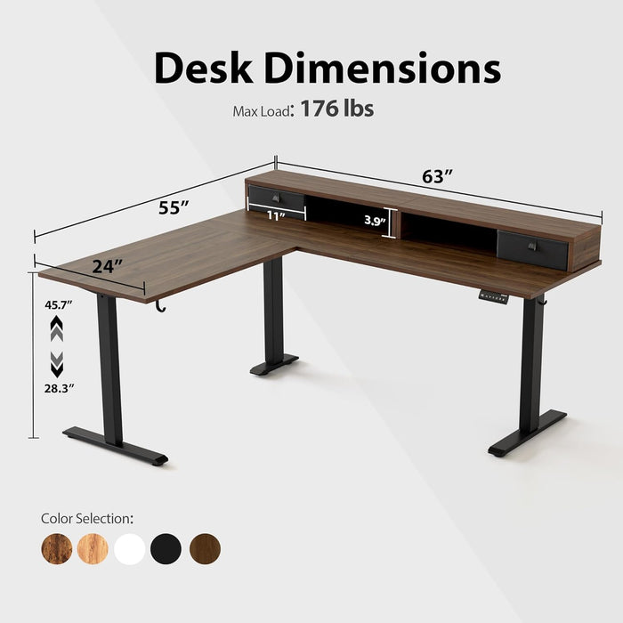63 X 55 INCH L Shaped Electric Standing Desk with 2 Drawers, Ergonomic Adjustable Height Desk with Storage, Corner Desk Sit Stand up Computer Table for Work Office Home, Dark Wlalnut
