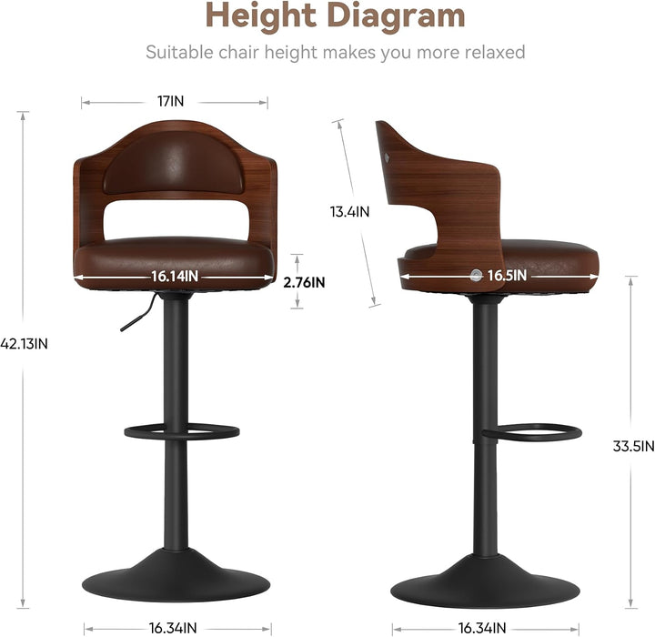 Swivel Bar Stools Set of 3,Bentwood Adjustable Height Barstools | Upholstered Seat,Easy-Clean PU Leather,Back& Footrest, Mid Century Modern Bar Chair for Counter, Kitchen Island, Brown