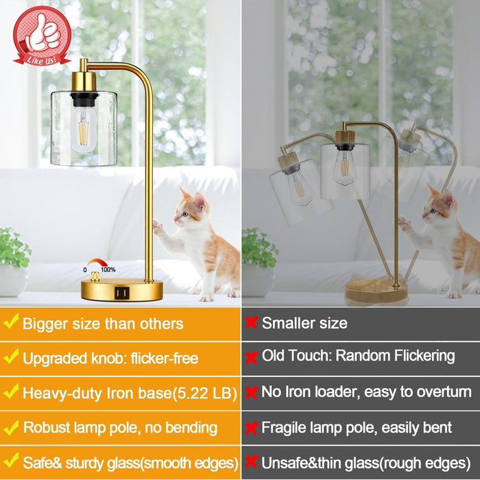 Set of 2 Industrial Table Lamps with 2 USB Port, Gold Fully Stepless Dimmable Bedside Lamps for Bedrooms, Nightstand Desk Lamps with Clear Glass Shade for Reading Living Room Office 2 LED Bulb