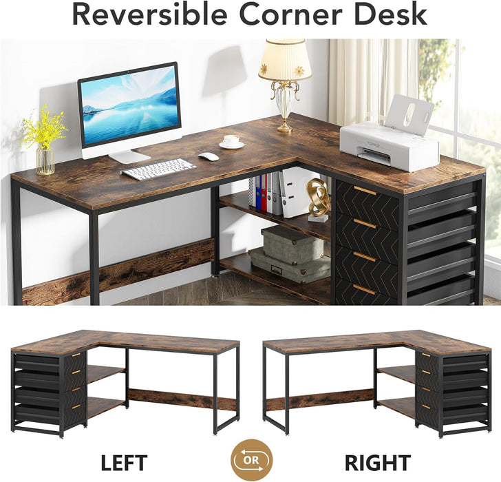59-Inch L Shaped Desk with Drawers, Large Computer Desk with Storage Shelves, Reversible L-Shaped Corner Desk Workstation for Home Office