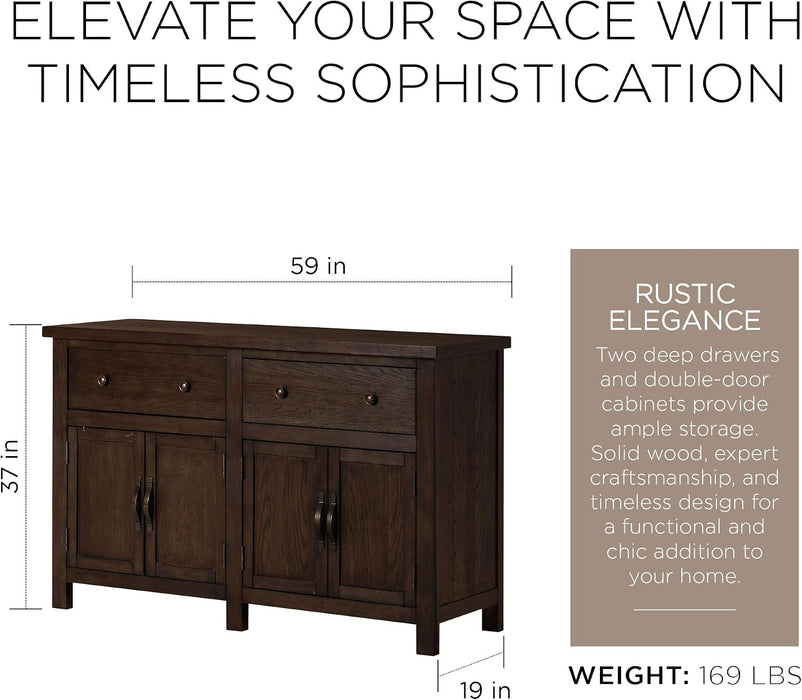 Maven Lane Felix Rustic Large Wooden Sideboard, Accent Buffet Server Table with Doors for Kitchen or Living Room in Weathered Brown Finish
