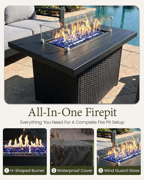 5 Pieces Aluminum Outdoor Patio Furniture Set, Metal Modern Conversation Sofa Set with Fire Pit Table and Washable Thick Cushions for Porch, Backyard, Deck