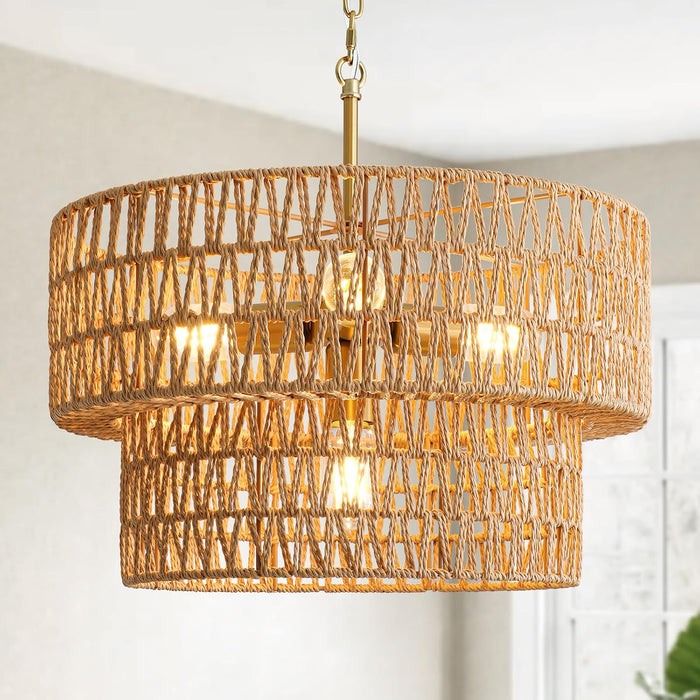 17.8 Inch Boho Handwoven Rattan Chandelier Fixture