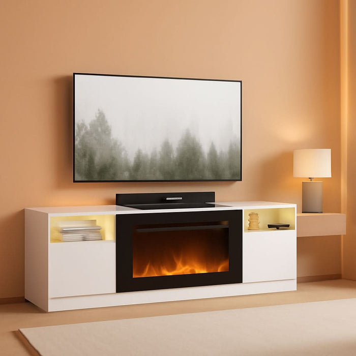 70" TV Stand with 36" Electric Fireplace, Large Modern Media Entertainment Center with Storage Cabinet and 12 Colors LED Lights for Tvs up to 80",White and Black