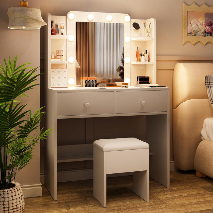 Makeup Vanity Desk with Mirror, 10 LED Lights and Charging Station, White Vanity with Adjustable Lighting, Dressing Table Set with Storage Chair Drawers Shelves for Bedroom
