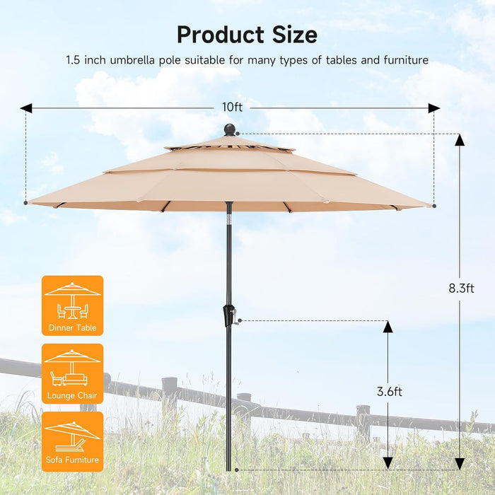 10 FT Patio Umbrella, 3 Tier Outdoor Table Umbrella with 8 Sturdy Glass Fiber Ribs and Push Button Tilt, Outdoor Patio Umbrellas for Market Pool Garden Backyard, 1.5" Pole, Champagne (No Base)