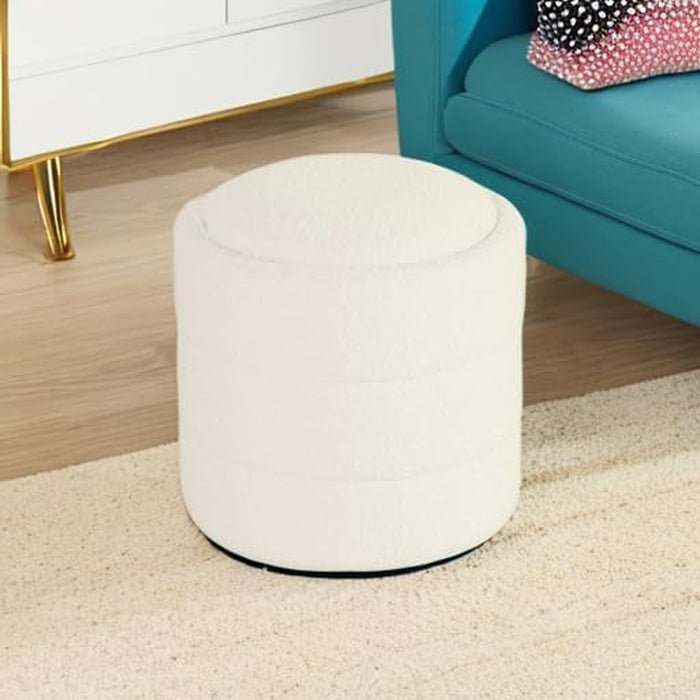 Storage round Ottoman with Removable Lid | Home Décor|Upholstered round Foot Rest Ottoman - Cream Boucle