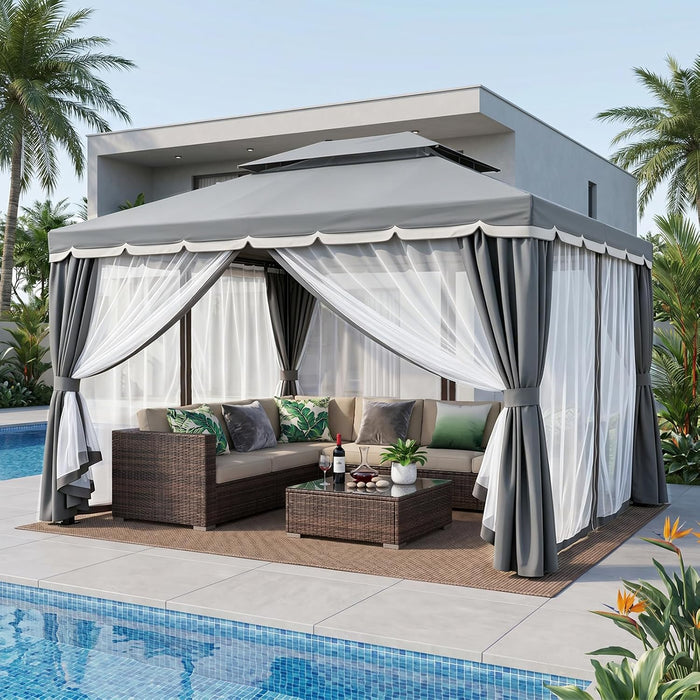 10X13 FT Gazebo with Mosquito Netting, Metal Frame Canopy Shelter, Gray | Double Soft Roofs Backyard, Garden, Deck, Patio, Party Events Mesh Netting and Privacy Screen Sun-Proof and Water-Proof