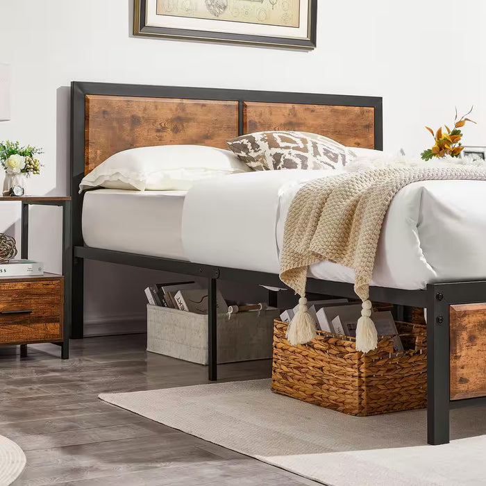 Queen Size Platform Metal Bed Frame with Wooden Headboard and Footboard，Rustic Country Style Bed Frame，62.9"W，Brown