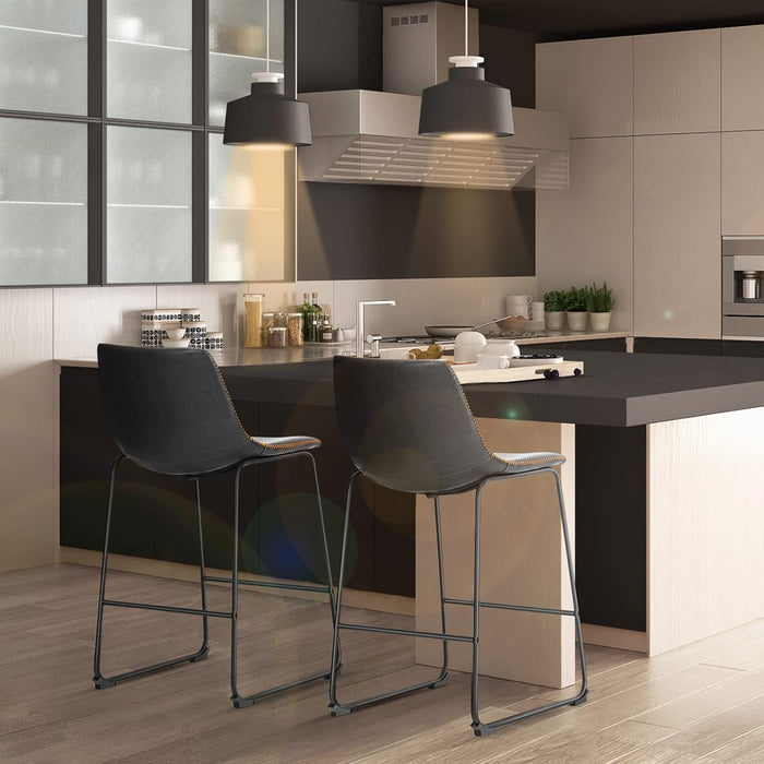 Bar Stools Set of 2, Counter Height Bar Stools with Back, 26 Inch Armless Industrial Faux Leather Barstools with Metal Legs and Footrest, Modern Dining Chairs for Home Kitchen Island, Black