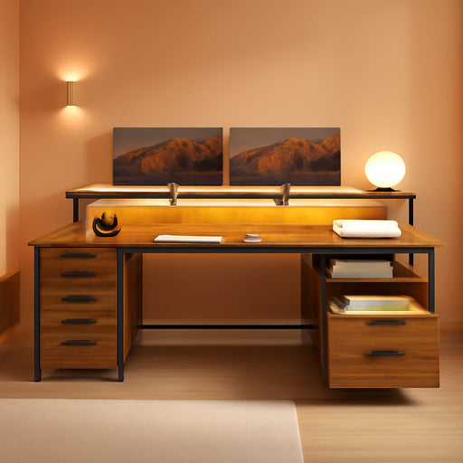 Home Office Desk with File Drawer & Power Outlet, 66'' Computer Desk with 5 Drawer, Storage Shelves, Printer Cabinet and Monitor Shelf, Gaming Desk with Led Lights, Rustic Brown