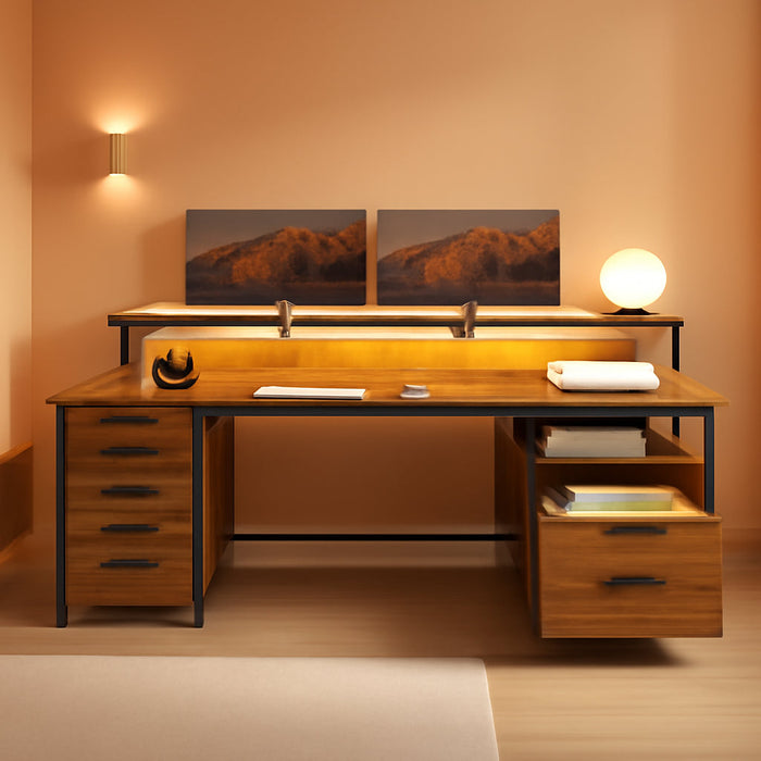 Home Office Desk with File Drawer & Power Outlet, 66'' Computer Desk with 5 Drawer, Storage Shelves, Printer Cabinet and Monitor Shelf, Gaming Desk with Led Lights, Rustic Brown