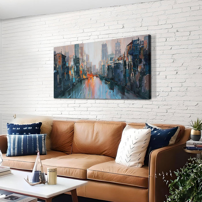 Abstract Cityscape Wall Art for Living Room, Modern Skyline Urban Canvas Painting Neutral for Bedroom, Framed Textured Artwork Large Picture Dining Room Mens Room Home Office Wall Decor 40"X20"