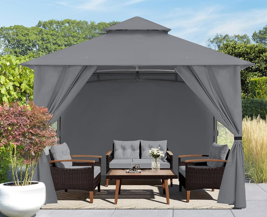 10X12 Outdoor Gazebo - Patio Screened Gazebo with Curtains and Windows for Deck, Lawn and Backyard (Dark Gray)