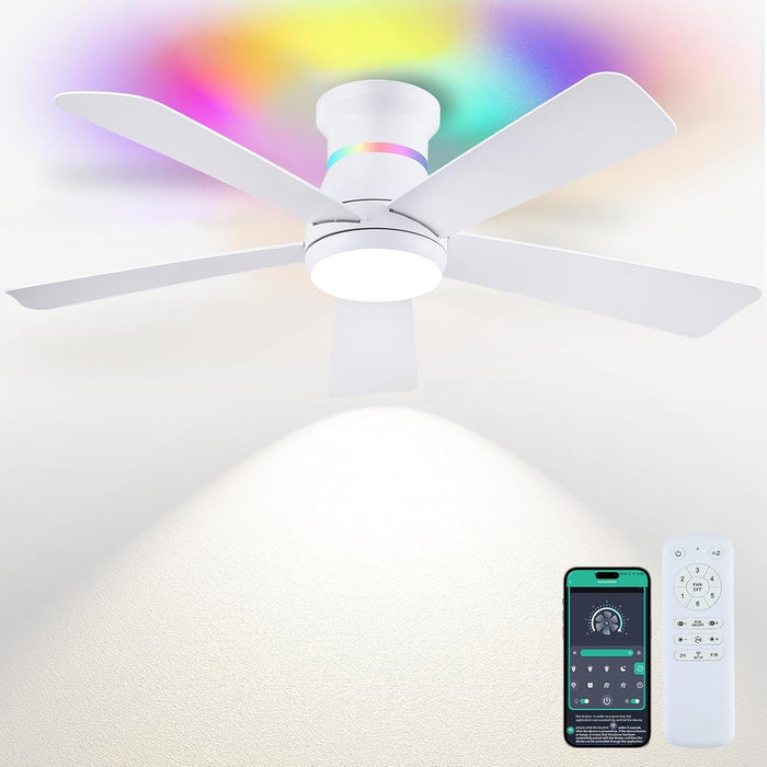 46" White Ceiling Fans with RGB Lights - Flush Mount Ceiling Fan Light with LED 3CCT Dimmable, Modern Low Profile Ceiling Fans for Indoor Party,Covered Outdoor