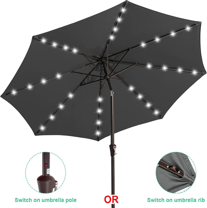 9FT Outdoor Patio Umbrella with Solar Lights, LED Lighted Pool Umbrella with Tilt and Crank, Outdoor Table Umbrellas for Deck, Yard & Market (Dark Gray)