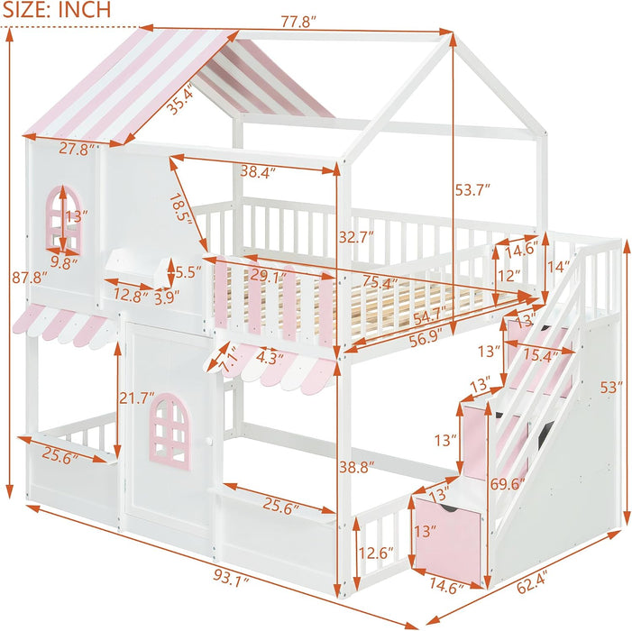 Full Over Full House Bunk Bed StorageStaircaseWithDrawersWhitePink