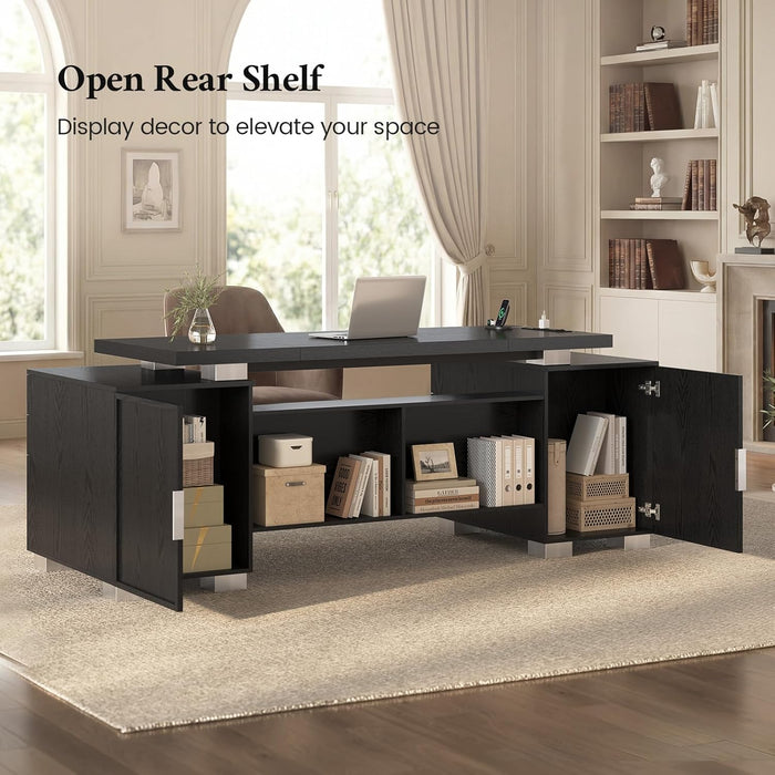 80.6" Executive Desk with Power Outlet and File Drawer, Modern Home Office Desk with 3 Large Cabinets and Privacy Panel, Business Furniture for Home Office, Living Room, Black