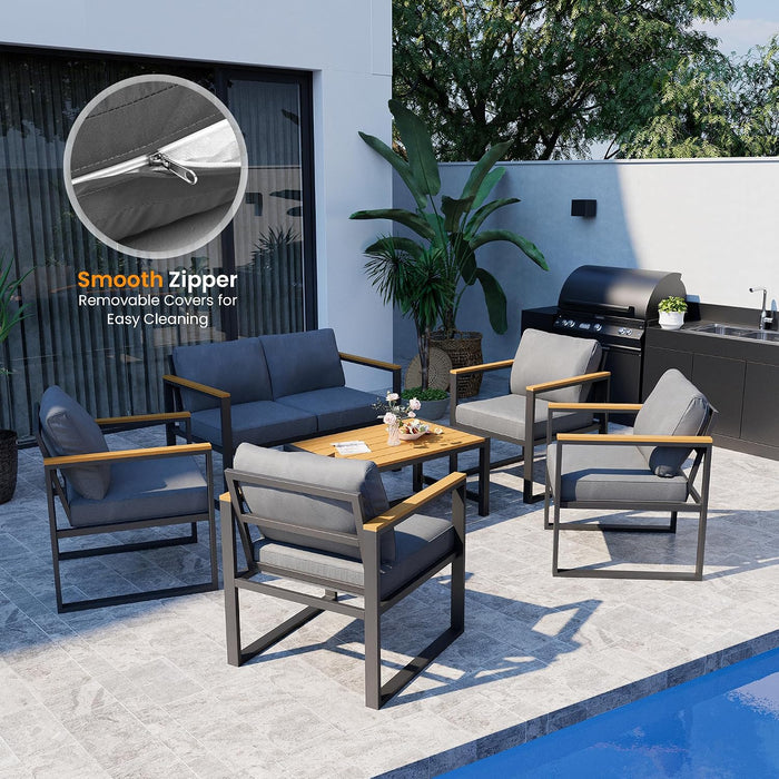 6 Pieces Outdoor Patio Furniture Set, Modern Metal Balcony Furniture with Plastic-Wood Coffee Table, All-Weather Patio Conversation Set with Thick Cushion for Balcony, Porch, Gray