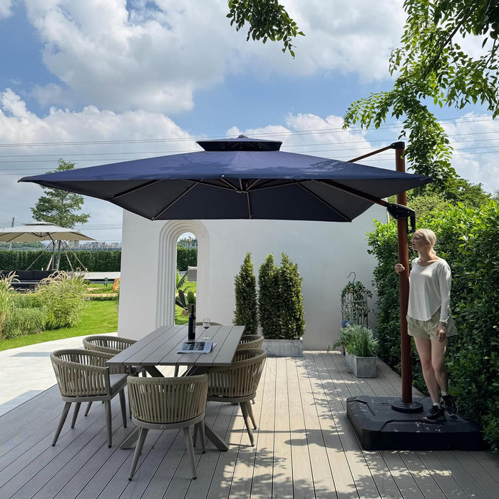 Cantilever Umbrella 9' X 12' Wood-Grain Finish, Navy Blue