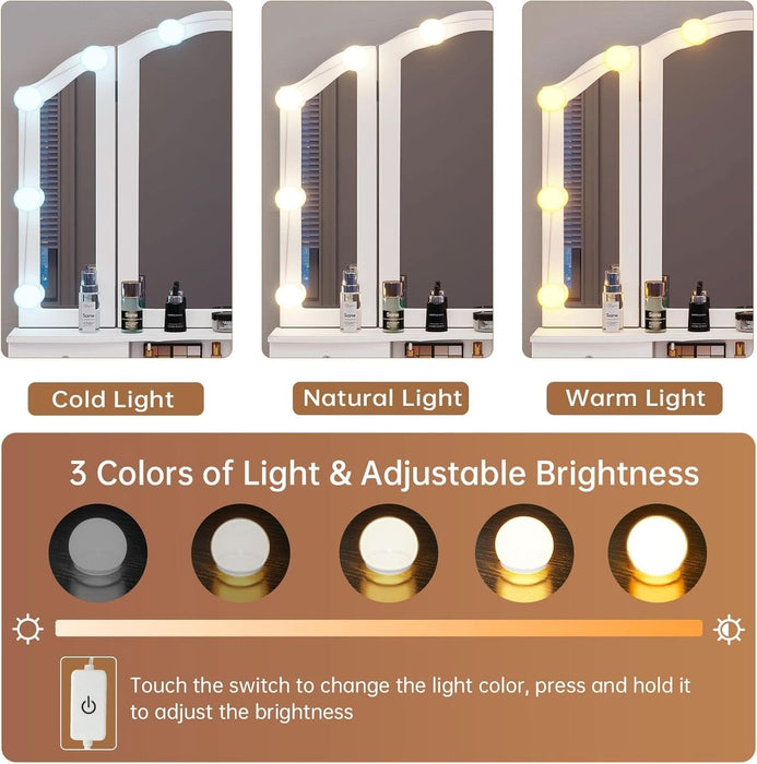 White Makeup Vanity with Lights & Charging Station, Vanity Desk with Mirror and 3 Colors of Lighting Effects, Vanity Table with Tri-Fold Mirror & Necklace Hooks, Makeup Table with Stool