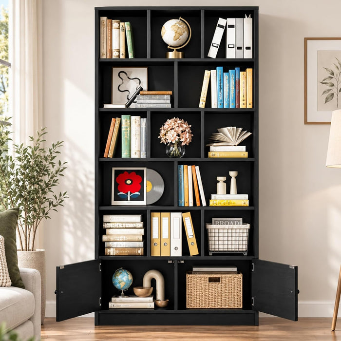Bookcase with Doors and Open Shelves for Home Office and Living Room