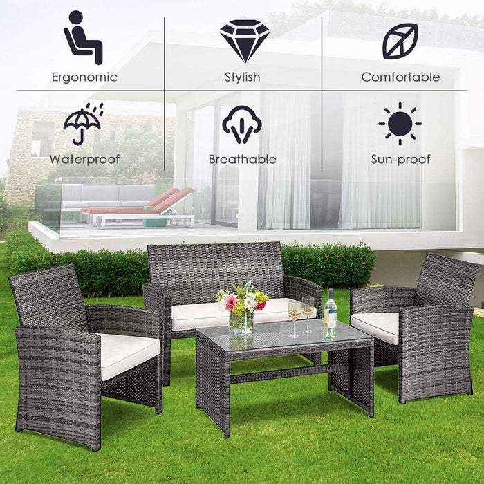 4 PCS Wicker Patio Conversation Set, Outdoor Rattan Sofas with Table Set, Patio Furniture Set with Soft Cushions & Tempered Glass Coffee Table for Poolside Balcony