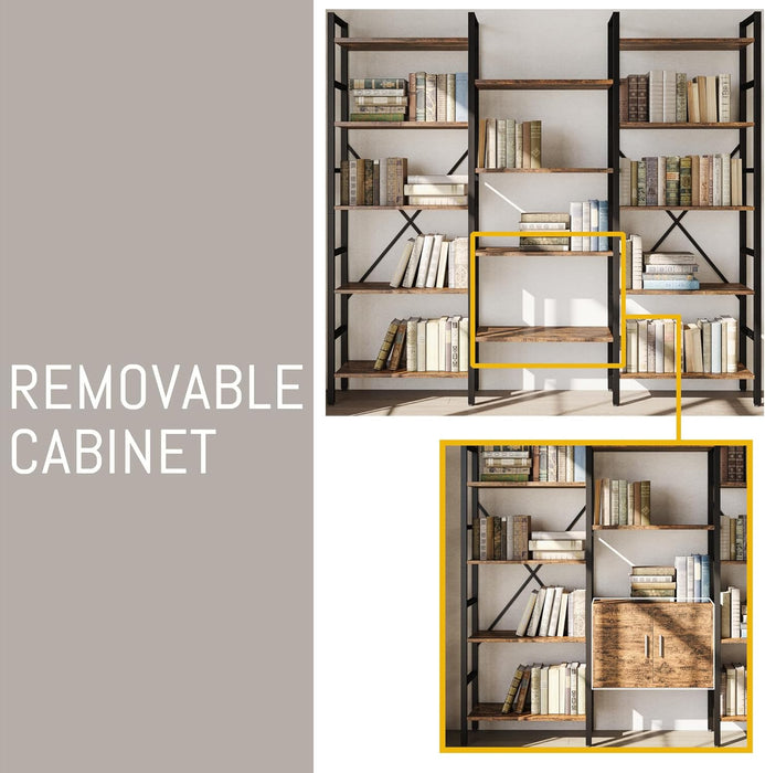 70 X70" Triple 5 Tier Book Shelf, Industrial Large Bookcase with Storage Cabinet, Tall Bookshelf with 14 Open Display Shelves Metal Frame Furniture for Living Room Bedroom Home Office Rustic Brown