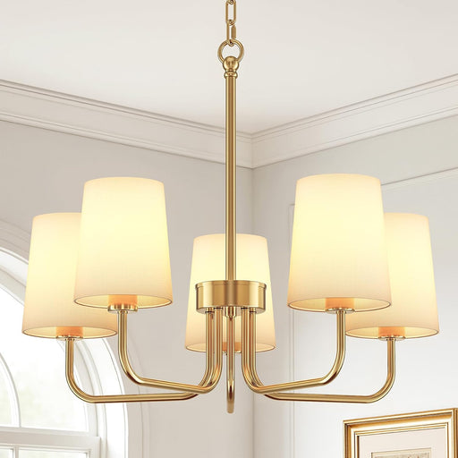 Chandeliers for Dining Room, 5-Light Gold Chandelier Light Fixture, E26 Base-Dining Room Light Fixtures over Table with White Shade, Farmhouse Chandelier for Bedroom Living Room Foyer Entryway