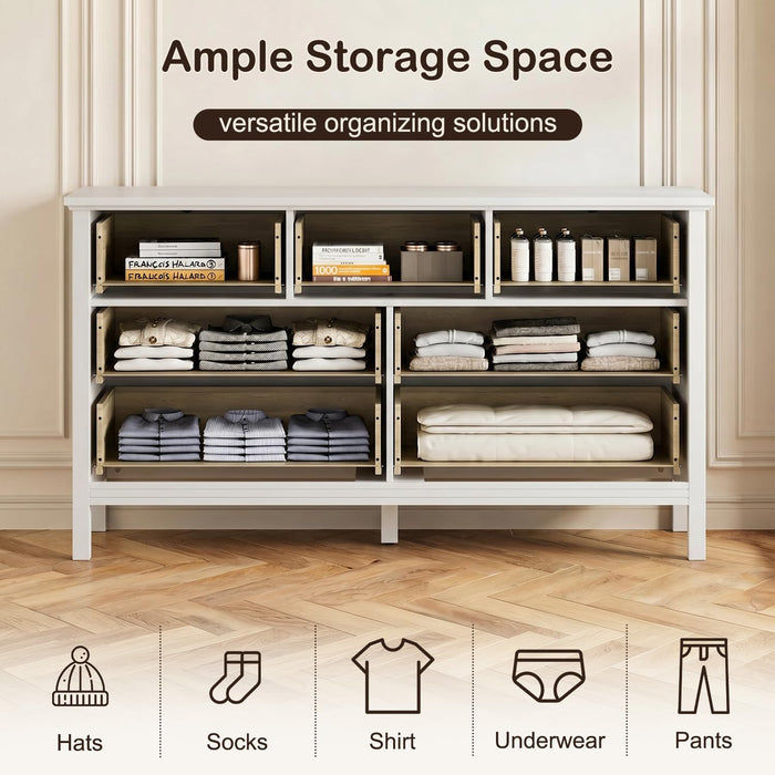 55" White Dresser for Bedroom with 7 Drawers & Modern Gold Handle