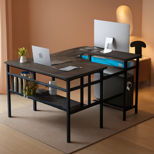 L Shaped Computer Desk with Magic Power Outlets and Smart LED Light, Reversible Office Corner Desk with Ergonomic Monitor Stand, Large Gaming Table with Storage, Sleek Grid Design, Black Oak