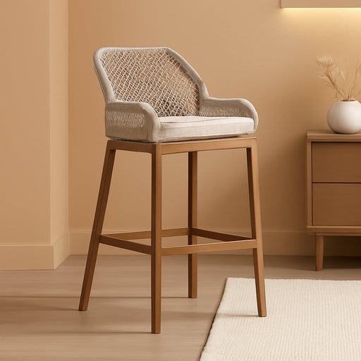 Counter Height Bar Stools Set of 4 Rattan Chair Boho Wicker Metal Counter Stools with Back and Footrest Patio Seating Modern Garden Pool Outdoor Barstools