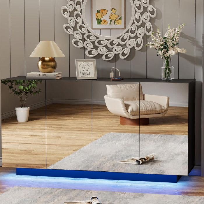 Buffet Cabinet Mirror with Storage Black Sideboard with Storage Coffee Bar with Lights & Charging Station Kitchen LED 57.87'' Buffet Cabinet with Mirror Doors for Bedroom, Living Room