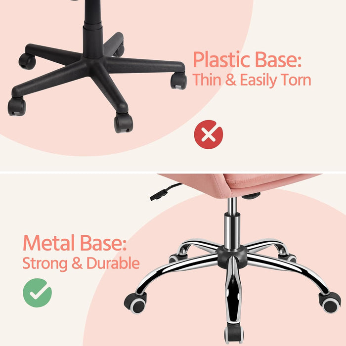 Pink Desk Chair Cute Velvet Chair for Home Office, Vanity Chair with Wheels Armrests Modern Swivel Rolling Chair for Bedroom