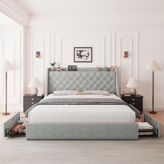 Upholstered Full Size Bed Frame with 4 Storage Drawers, Charging Station and Tufted Wingback Storage Headboard, No Box Spring Needed, Easy Assembly, Light Grey