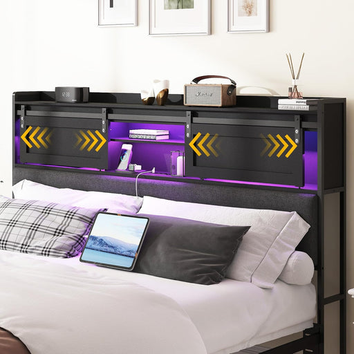 Queen Size Headboard Only with Storage, Upholstered Headboard with Charging Station and LED Light, Sturdy and Stable, Easy to Assemble (Black+Barn Door, Queen)