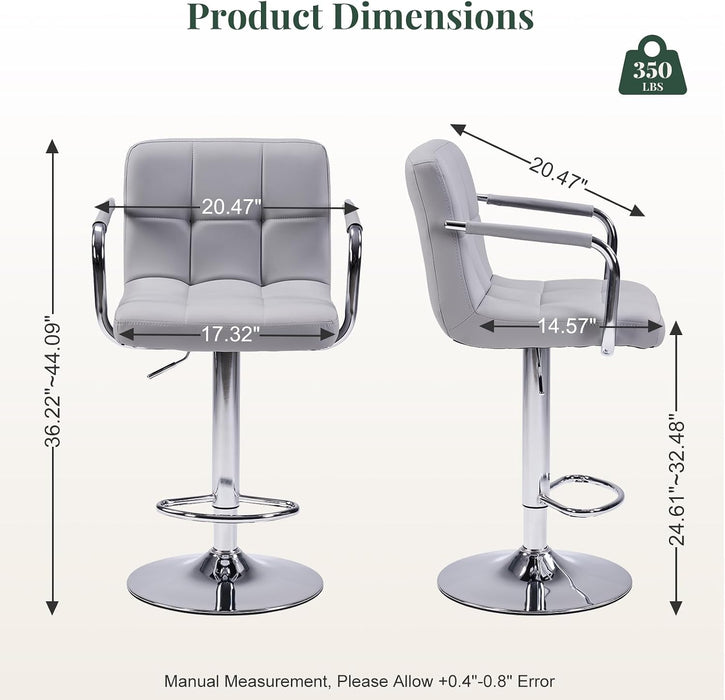 Bar Stools Set of 4, 24-26'' Adjustable Swivel Bar Chairs, Grey | PU Leather Counter Height Barstool with Back Support & Armrest for Kitchen Island, Dining Room