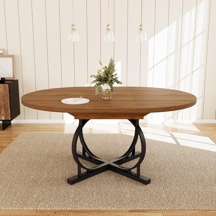 Extendable Round Dining Table Walnut Finish Modern