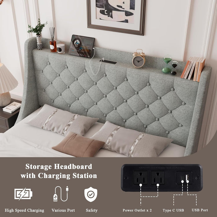 Upholstered Full Size Bed Frame with 4 Storage Drawers, Charging Station and Tufted Wingback Storage Headboard, No Box Spring Needed, Easy Assembly, Light Grey