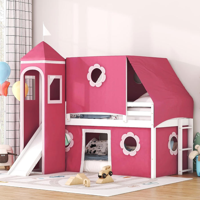 Pink Twin Loft Bed With Slide Integratedguardrails