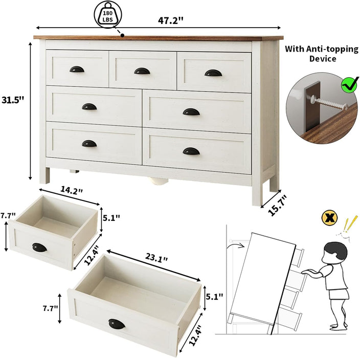 White Dresser with 7 Vintage Handles