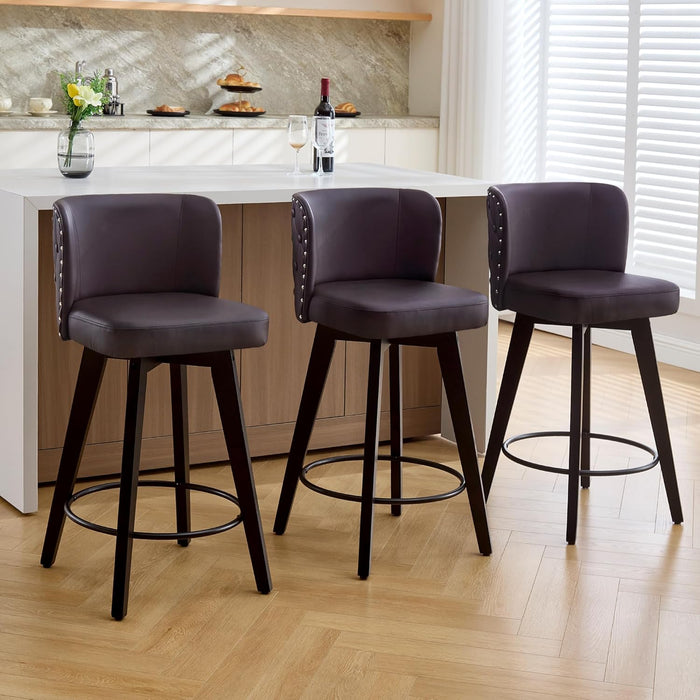 Swivel Bar Stool Set of 3, Faux Leather Low Back Counter Height Bar Stools, 27.5" Upholstered Tufted Counter Barstools with Wood Legs for Kitchen Island, Home Bar (Brown)